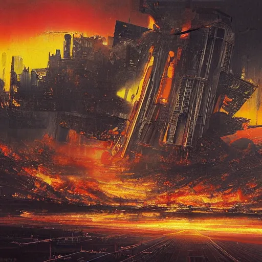 Image similar to A beautiful digital art of a city in ruins. The dominant colors are yellows, oranges and reds, giving the impression of a fiery, destroyed landscape. In the center of the image is a large, looming spaceship, adding to the feeling of unease and despair. platinum, double exposure by Paul Fusco, by J.C. Leyendecker tired, dull