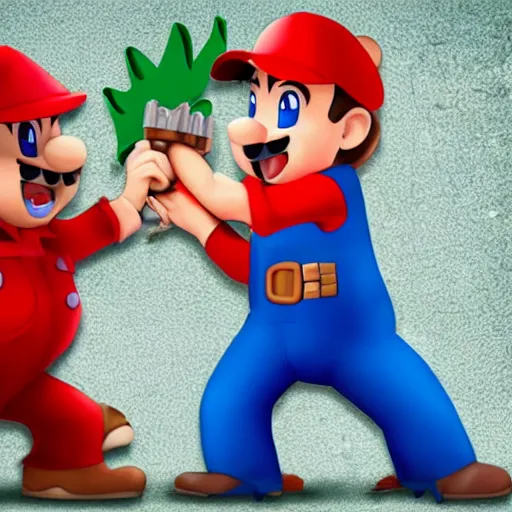 Image similar to italian plumber wearing a red hat and shirt, blue jumpsuit fighting a dinosaur.