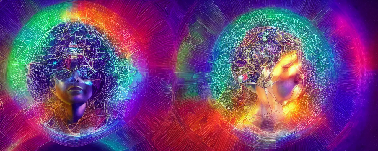 Image similar to transcendence into collaborative intelligence, endless collaboration with ai, connectedness, body, by alex grey, album cover, award winning, beautiful, colorful, volumetric lighting, trending on artstation, cinematic