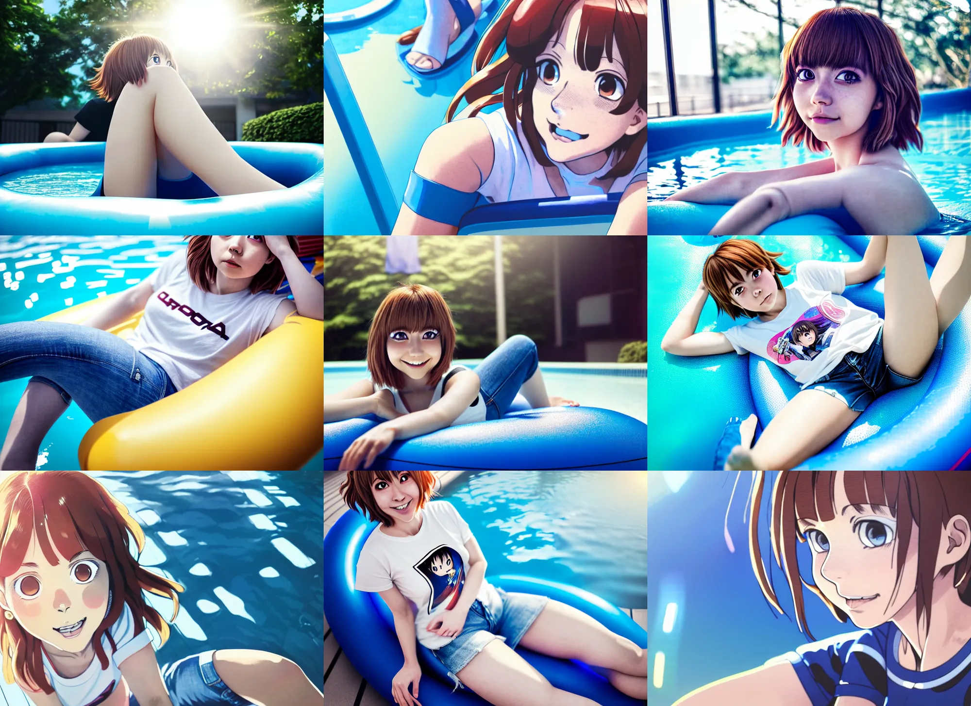 Image similar to closeup portrait of ochaco uraraka from my hero academia relaxing in jeans and a t - shirt on a floating pool chair, sunny, bright, reflections, intricate, sharp focus, lens flare, bloom, illustration, highly detailed, digital painting, concept art, matte, art by ruan jia and wlop and greg rutkowski, masterpiece