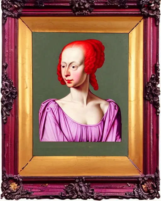 Prompt: portrait of a young pale woman with lilac hair, wearing a neon red dress by Vivienne Westwood, intricate details, super-flat, in the style of Bartholomäus the Elder, renaissance style, black background