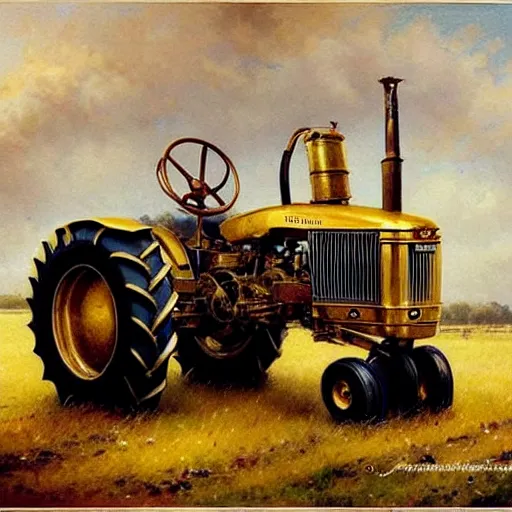 Prompt: ( ( ( ( ( royal farm tractor, fully ornated with intricate gold and jewels. muted colors. ) ) ) ) ) high resolution, high quality, by jean - baptiste monge!!!!!!!!!!!!!!!!!!!!!!!!!!!