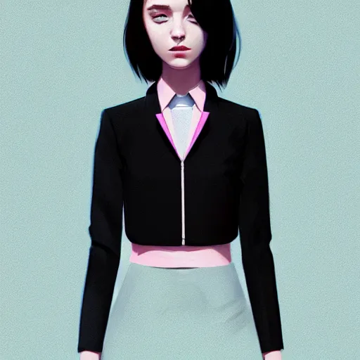 Image similar to young female in black jacket suit, muted colors, matte print, pastel colors, 2d, ultra highly detailed, smooth, sharp focus, digital art, digital painting, fan art, elegant, artstation, head is centered, by Ilya Kuvshinov