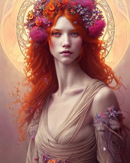 Image similar to Beautiful and playful ethereal ginger portrait, art nouveau, fantasy, intricate flower designs, elegant, highly detailed, sharp focus, art by Maximalism, Artgerm and Greg Rutkowski and WLOP