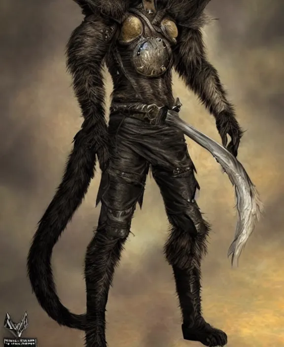 Image similar to humanoid male khajiit rogue, mainecoon cat features with black fur, far - mid shot, wearing leather armor, magic the gathering, fantasy