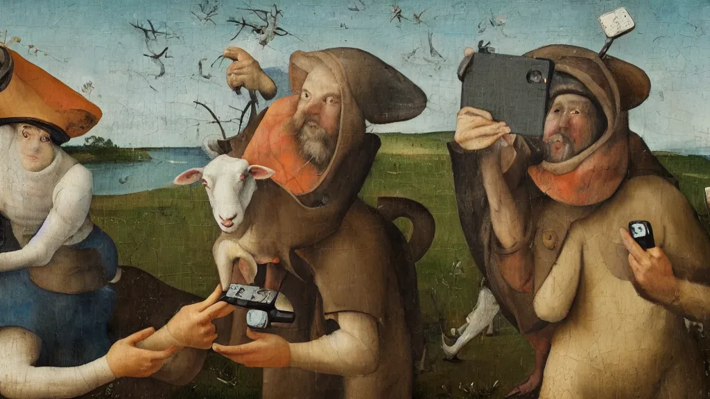 Image similar to A butcher and sheep taking a selfie smiling, in the fashion of Hieronymus Bosch, oil on canvas, painting, 4k, wide shot