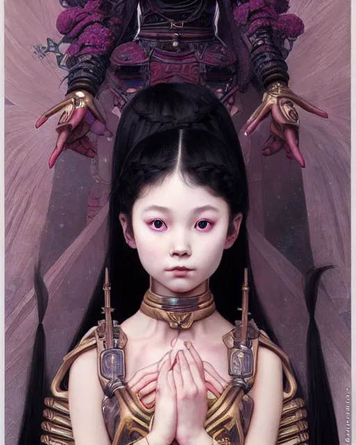 Prompt: portrait of beautiful cute young goth asian maiden girl with braided hair in warhammer mechanical armor, high details, art by ( ( ( kuvshinov ilya ) ) ) and wayne barlowe and gustav klimt and artgerm and wlop and william - adolphe bouguereau