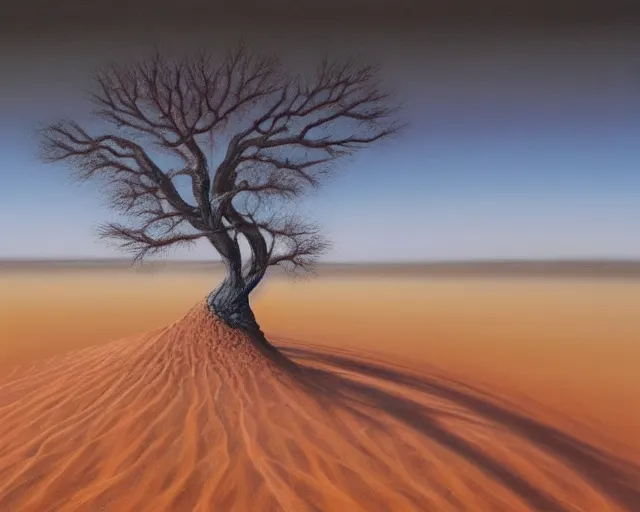 Image similar to a painting of a tree in the desert, an airbrush painting by breyten breytenbach, wavy sand pattern, cgsociety, neo - primitivism, airbrush art, dystopian art, apocalypse landscape