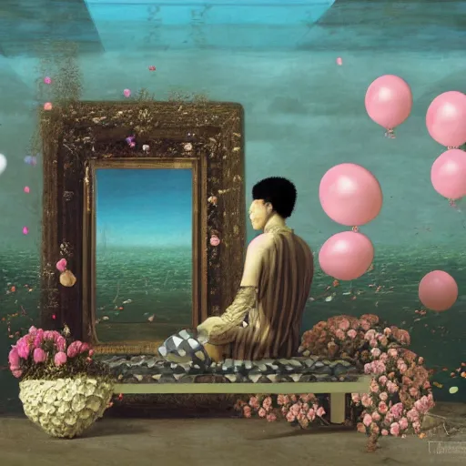 Prompt: liminal spaces, party balloons, checkered pattern, David Friedrich, award winning masterpiece with incredible details, Zhang Kechun, a surreal vaporwave vaporwave vaporwave vaporwave vaporwave painting by Thomas Cole of an old pink mannequin head with flowers growing out, sinking underwater, highly detailed