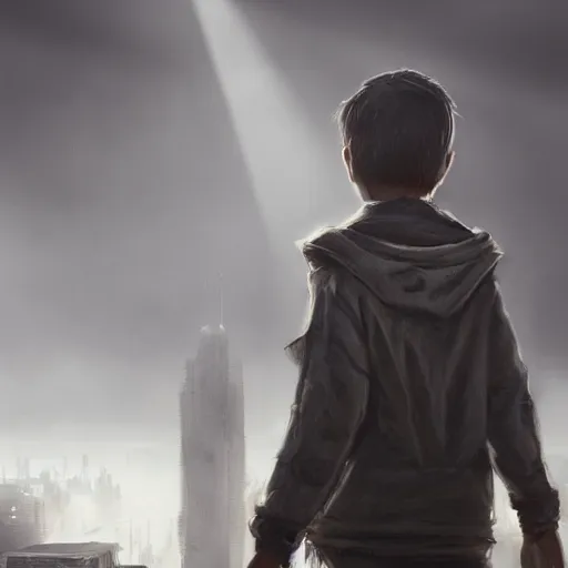 Image similar to a boy in a big apocalyptic city, sunrays in fog, sharp high quality artwork in style of jared chavez, unreal engine, hyper realism, realistic shading, cinematic composition, hdr, detailed textures, photorealistic, 3 5 mm film, concept art, top of artstation