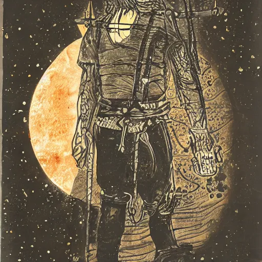 Image similar to A PORTRAIT FROM BEHIND OF A SAMURAI MAN VAGABOND WITH A MOON BEHIND HIM ,THE SAMURAI IS WRAPPED IN CHAINS ,detailed, concept art, ink style , sketch