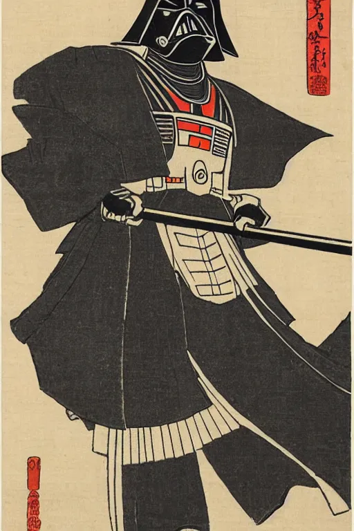 Image similar to Japanese woodblock print of Darth Vader holding a samurai sword , Hokusai