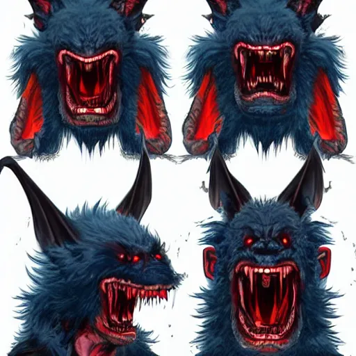 Image similar to front and back character view of scary, giant, mutant, mutated, dark blue humanoid bat, glowing red eyes, flying above a stormy ocean, sharp teeth, acid leaking from mouth, realistic, giant, bat ears, bat nose, bat claws, bat wings, furred, covered in soft fur, detailed, trending on artstation clean concept art and sheet that using unreal engine 5 render and hyper detailed 3D texture with cinematic software light 85mm f/1.4