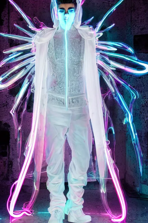 Image similar to full-body baroque and cyberpunk style neon statue of a attractive translucent Zayn Malik as a humanoid deity wearing a thin see-through plastic hooded cloak sim roupa, posing like a superhero, glowing white face, crown of white lasers, large diamonds, swirling white silk fabric. futuristic elements. oozing glowing liquid, full-length view. space robots. human skulls. throne made of bones, intricate artwork by caravaggio. Trending on artstation, octane render, cinematic lighting from the right, hyper realism, octane render, 8k, depth of field, 3D