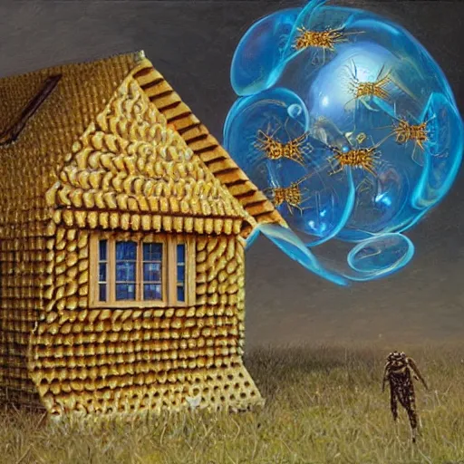 Image similar to a house made out of honeycombs and bubbles, a hyperrealistic painting by krzysztof boguszewski, cgsociety contest winner, fantasy art, made of insects, fractalism, tesseract