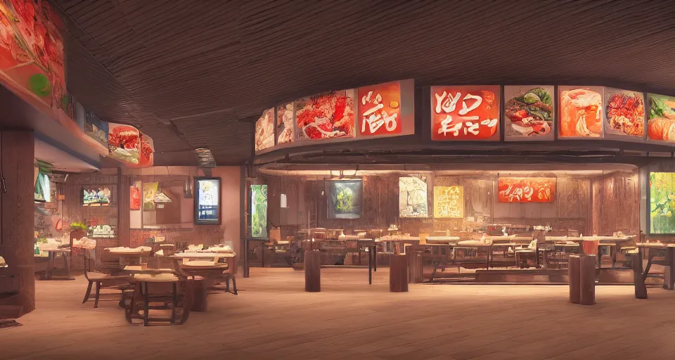 Prompt: a beautiful painting of a sushi resturant, gigantic, octane render, brilliantly coloured, intricate, ultra wide angle, trending on artstation, dusk, volumetric lighting, polished, micro details, ray tracing, 8k