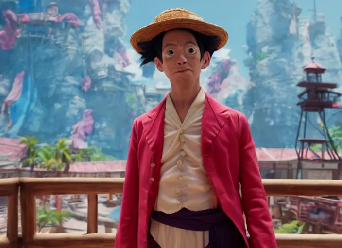 Image similar to a film still of cosplay of luffy the pirate in the grand budapest hotel ( 2 0 1 4 ), 4 k