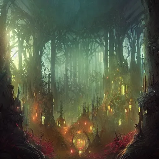 Prompt: Ancient faerie city nestled in a deep forest at dusk by Ross Tran, trending on artstation