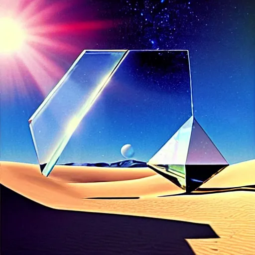 Image similar to poster big angular crystal in the desert, reflection from the crystal is sparkling due to sun, small starship near, futuristic, hi-tech details, style jean giraud