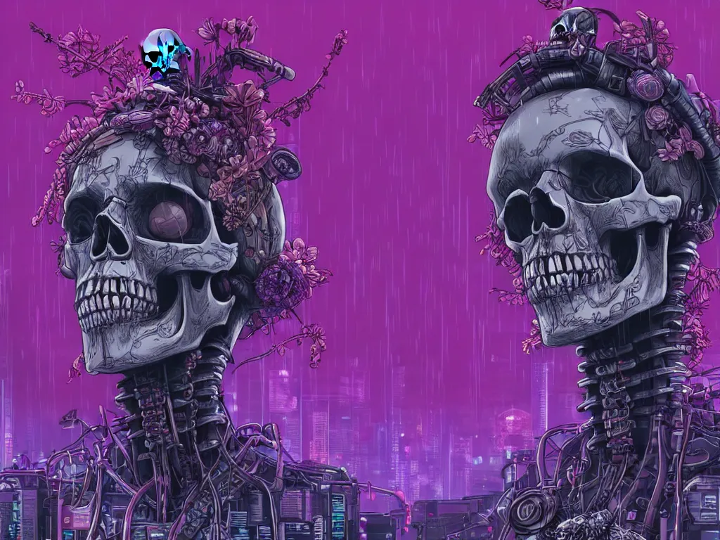 Image similar to high detailed lone dead android skull samurai with plants growing around the neck in a cyberpunk rainy city at night by Josan Gonzalez, purple and pink and blue neons, unreal engine, high quality, 4K, UHD, trending on ArtStation, wires, blade runner vibes, ghost in the shell, akira, dorohedoro