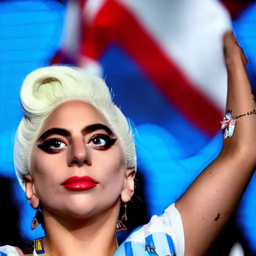 Image similar to Lady Gaga as president, Argentina presidential rally, Argentine flags behind, bokeh, giving a speech, detailed face, Argentina