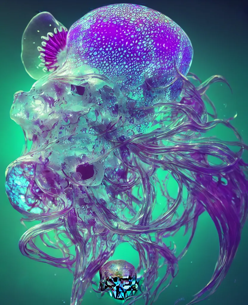 Image similar to close-up portrait of skull dichroic orchid jellyfish skull, betta fish, bioluminiscent creatures, intricate artwork by Tooth Wu and wlop and beeple. octane render, trending on artstation, greg rutkowski very coherent symmetrical artwork. cinematic, hyper realism, high detail, octane render, 8k