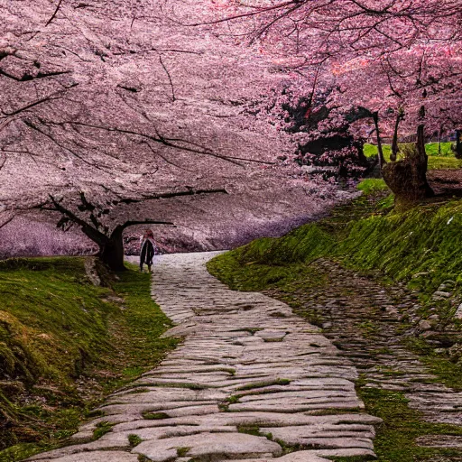 Image similar to stone path through a cherry blossom filled valley leading to a monastery