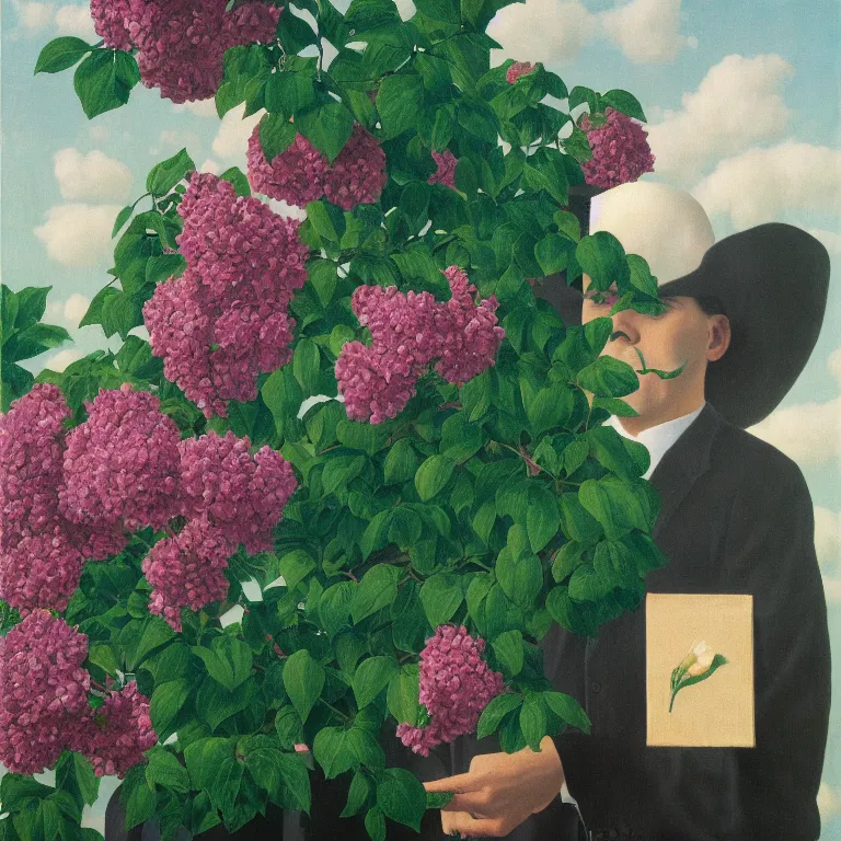 Image similar to portrait of a man, face hidden by beautiful flowers, by rene magritte, detailed painting, hd, hq, high resolution, high detail, 4 k, 8 k