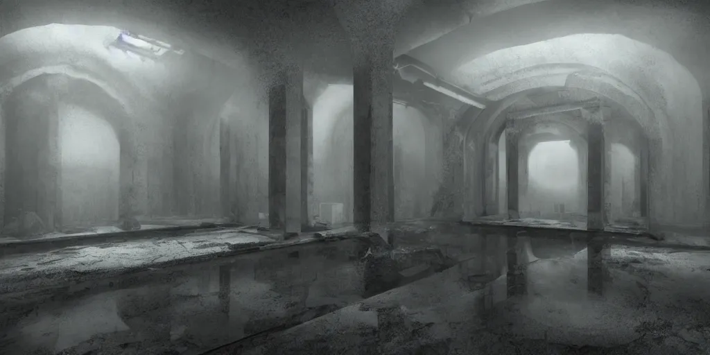 Prompt: echo chamber room, dark art fantasy, 3d render, super detailed, puddle of water, barrels, foggy