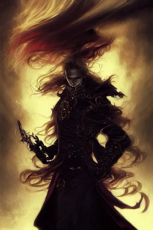 Image similar to johan liebert mixed with alucard picture by Greg Rutkowski, long fluffy blond curly hair, baroque curls, menacing black imperial armor, red tabard with gold embroidery, dynamic pose, matte painting, intricate, z brush, fantasy concept art, elegant, by Stanley Artgerm Lau, WLOP, golden ratio, thomas kindkade, alphonse mucha, loish, Peter chung, norman Rockwell,