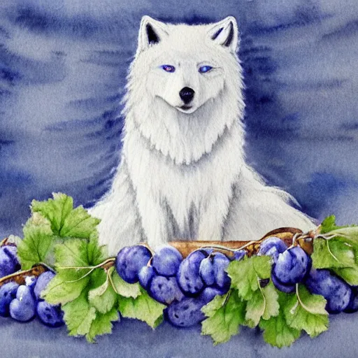 Prompt: white and lighy blue furry wolf, spititual, wrapped in blue silk, ornamental blue, and grapes, with angel wings, realistic, sitting in an intricately carved egg, full body shot, art style 2 0 0 0 s popular watercolor, colored pencil, and ink