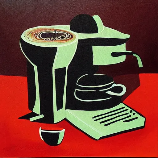 Image similar to a painting of android espresso machine that makes coffee from human souls