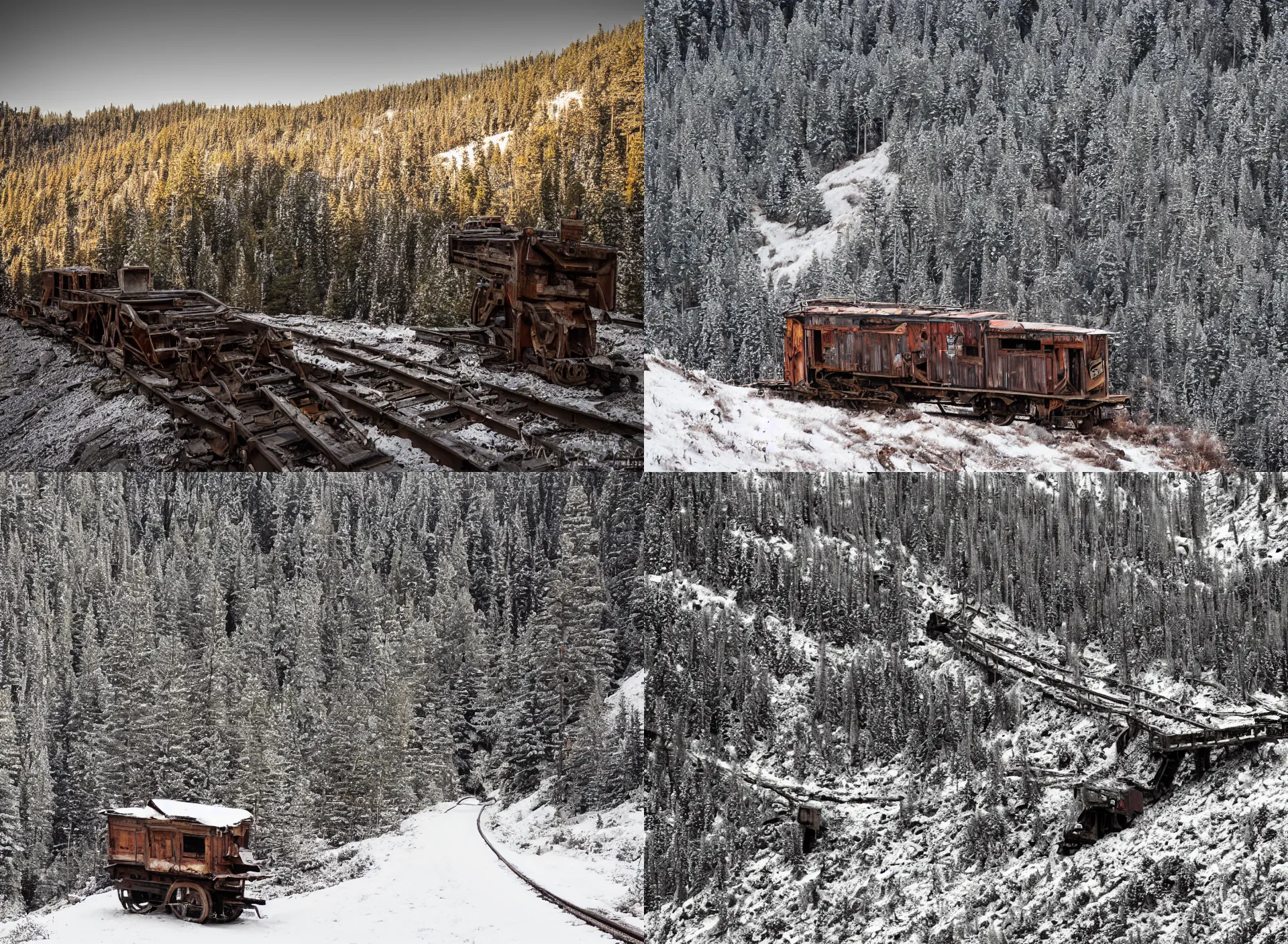 Prompt: abandoned mine cart sits on tracks in mountain pass, steep cliffs, dusting of snow, pine forest, golden hour