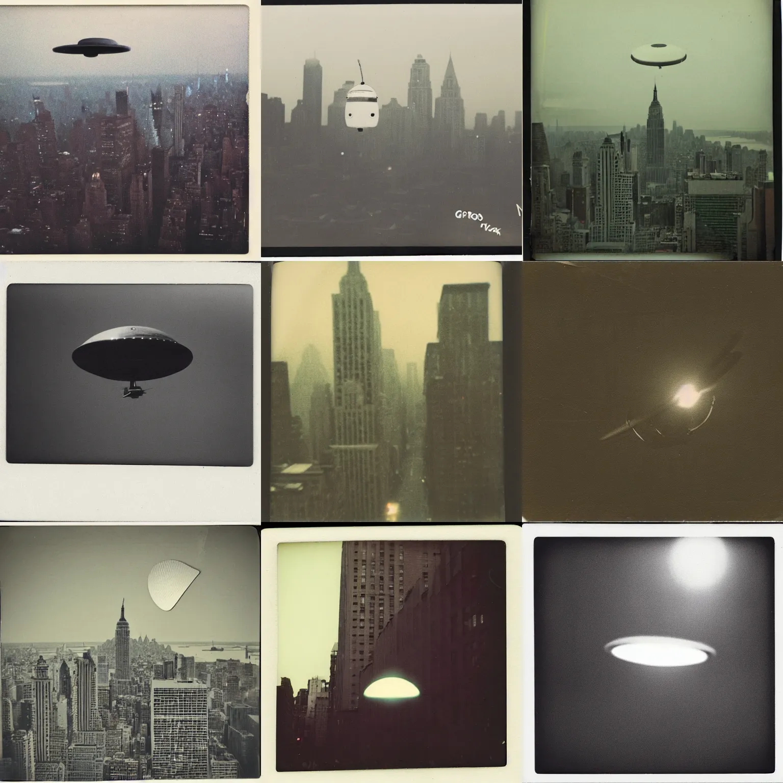 Prompt: an aged polaroid photo of a ufo flying above new york city, gloomy, grainy