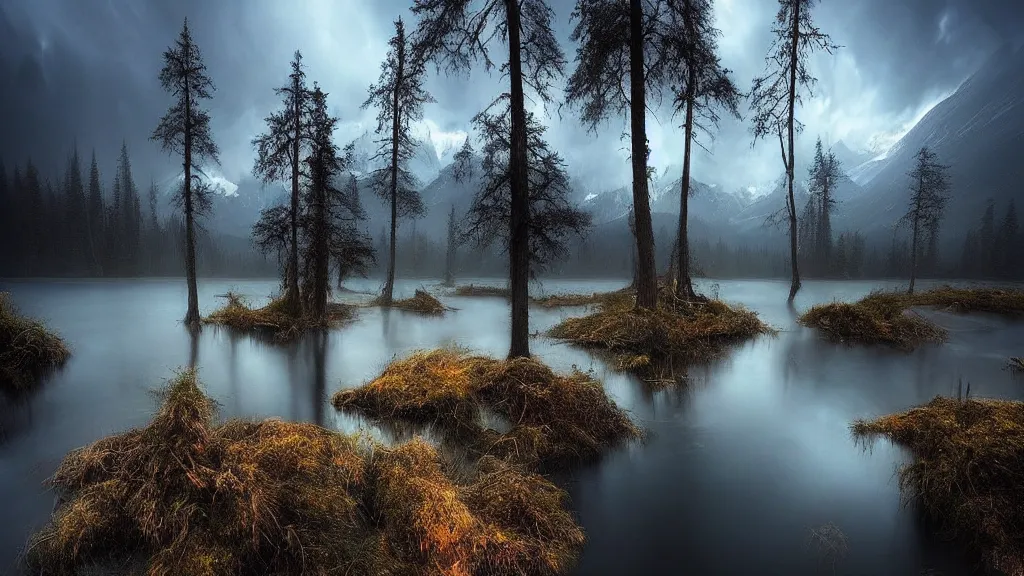 Prompt: amazing landscape photo of a dark forest of despair and misery with lake by marc adamus, beautiful dramatic lighting