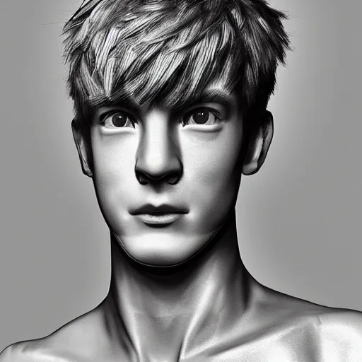 Image similar to “a realistic detailed photo of a guy who is an attractive humanoid who is half robot and half humanoid, who is a male android, twitch streamer Ninja Tyler Blevins, shiny skin, posing like a statue, blank stare, bedroom, close up”