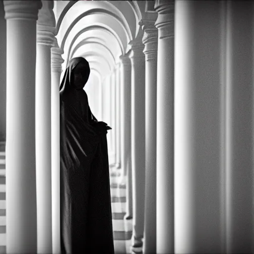 Prompt: nightmare vision, medium depth of field. black and white, award winning photo of smiling levitating twin nuns, wearing translucent sheet, Mary in a sanctuary, mirror hallways, eerie, tall columns, faces emerging from columns, frightening —width 1024 —height 1024