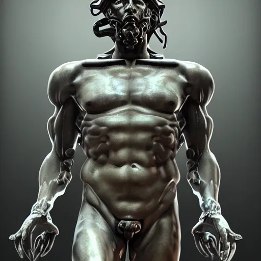 Prompt: beautiful painting of a cyborg ancient greek statue of Laocoon looming over a city in the style of Welder Wings and H. R. Giger. Dark background, detailed, trending on Artstation