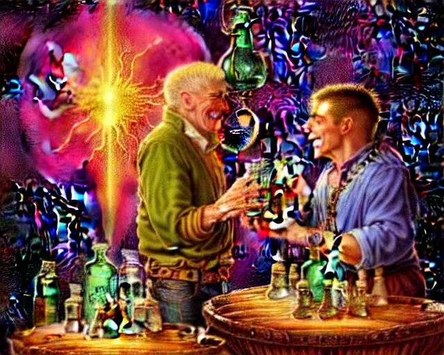 Image similar to A richly detailed fantasy digital art of an ancient vintage apothecary magic arcane nebula healing elixir potion bottle trading card an esoteric blender render by Bob Eggleton, two jolly wizards enthusiastically drinking and imbibing magic potions