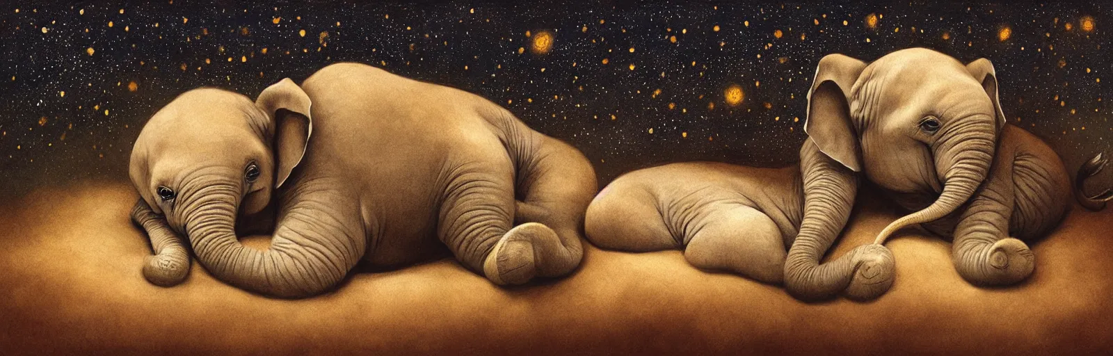 Prompt: a baby elephant sleeping soundly under a starry sky surrounded by savannah, illustration, detailed, smooth, soft, warm, by Adolf Lachman, Shaun Tan