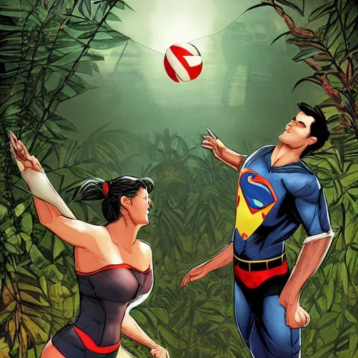 Image similar to batman and superman are playing volleyball in a jungle, volleyball in the air, volleyball net, digital illustration, inspired by greg rutkowski and artgerm, high detail