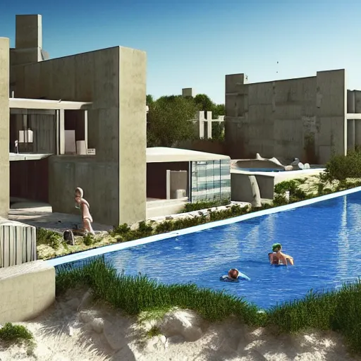 Image similar to architectural rendering of brutalism habitat 6 7 in the desert, biophilia mood, pool, garden