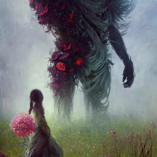 Image similar to a gigantic beautiful terrifying monster made of flowers looms over a tiny human. ethereal horror fantasy art by greg rutkowski and magali villanueve and monet