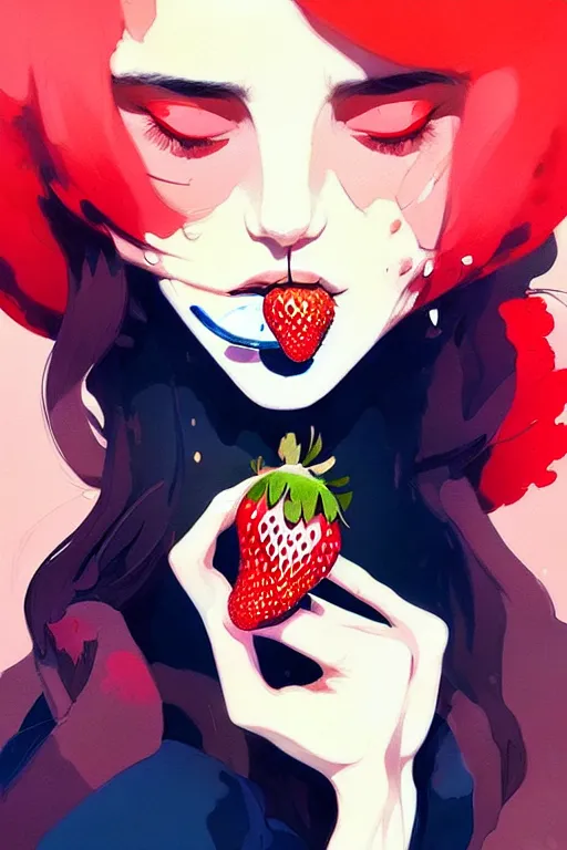 Image similar to a ultradetailed beautiful panting of a stylish woman with a strawberry in her mouth, by conrad roset, greg rutkowski and makoto shinkai, trending on artstation