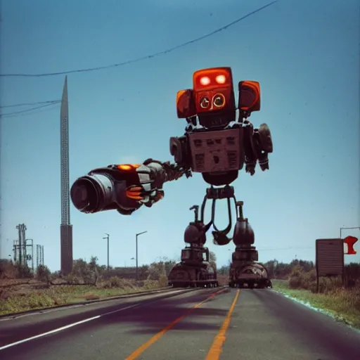 Prompt: photo of freeway with a giant robot in the distance, canon ae - 1, dystopian, industrial, simon stalenhag,