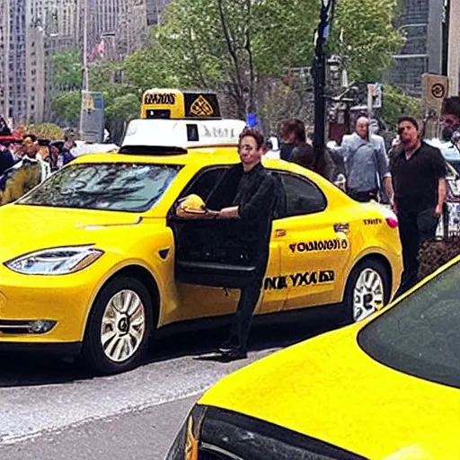 Image similar to golem driving a new york yellow taxi, picking up elon musk at the airport