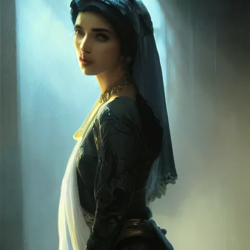 Image similar to a Photorealistic dramatic hyperrealistic render of an arab ameera al taweel, blue eyes, black hair, white veil,by WLOP,Artgerm,Greg Rutkowski,Alphonse Mucha, Beautiful dynamic dramatic dark moody lighting,shadows,cinematic atmosphere,Artstation,concept design art,Octane render,8K