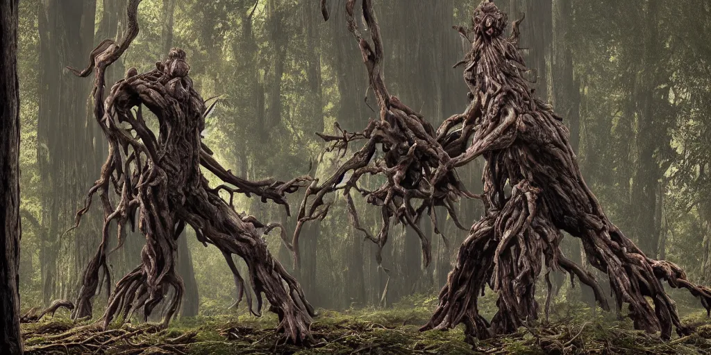 Prompt: withering humanoid giant - treant creature made from gnarly thick branches, dying, dark leaves, ent treant dryad, in a redwood forest, oak, thick : : dark dying leaves : : realistic, highly detailed matte painting