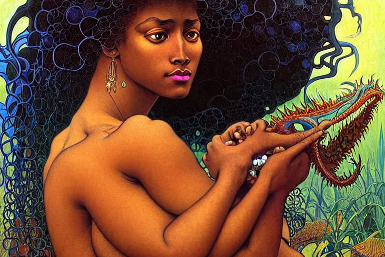 Image similar to realistic extremely detailed closeup portrait painting of a beautiful black woman, mutant dragon and a single old house on background by Jean Delville, Amano, Yves Tanguy, Alphonse Mucha, Ernst Haeckel, Edward Robert Hughes, Roger Dean, rich moody colours