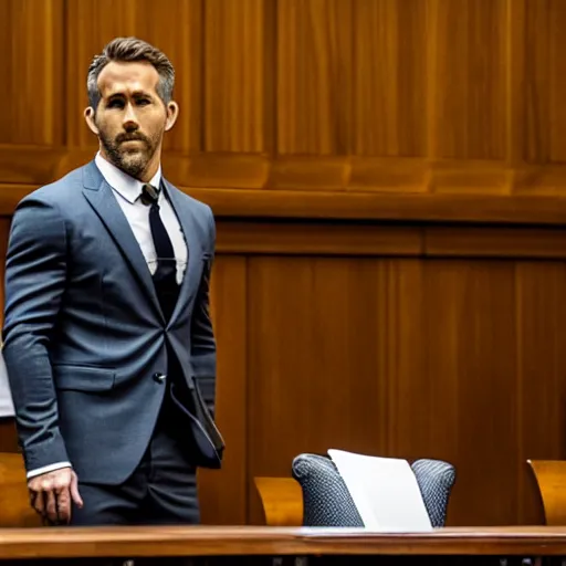 Image similar to ryan reynolds on trial in a court room, highly detailed, extremely high quality, hd, 4 k, 8 k, professional photographer, 4 0 mp, lifelike, top - rated, award winning, realistic, detailed lighting, detailed shadows, sharp, no blur, edited, corrected, trending